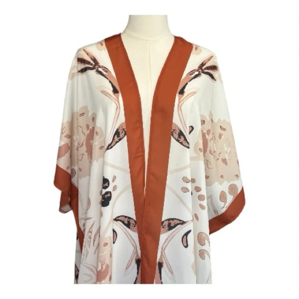 🤎🤍 EUC Bohemian Cream & Rust Print Chiffon Kimono Caftan Cover Up | OS - Picture 2 of 7
